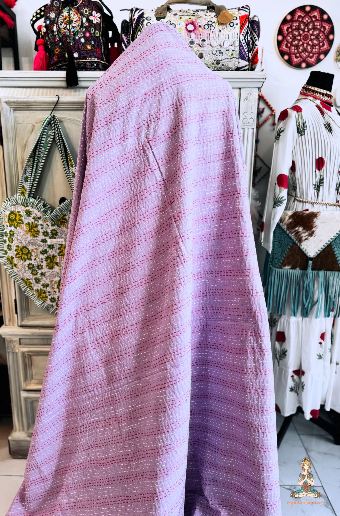 Lavender Wildflower | Hand Block Printed Kantha Quilt | 100% Cotton | Handmade | 90x110” Queen/King