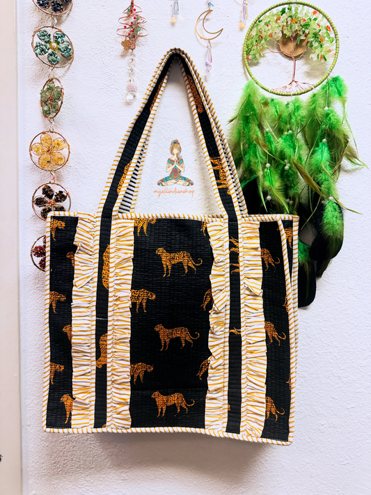 Black Cheetah Silhouette Reversible Quilted Tote Bag | Gold Cheetah Hand Block Print Ruffle Tote