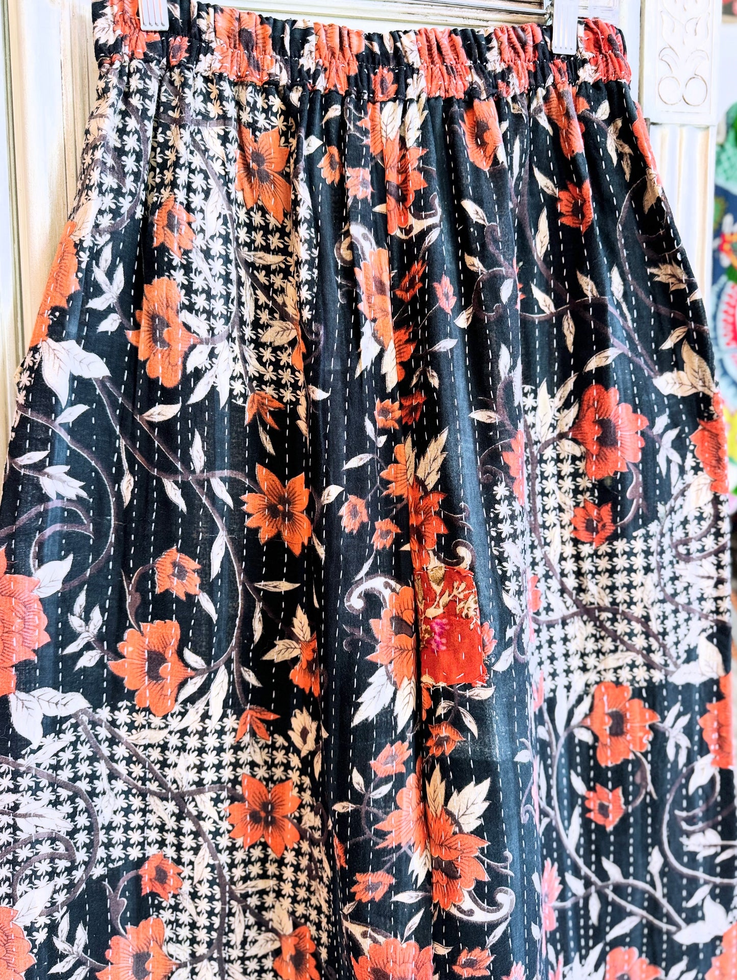 Paisley Rhythm – Handmade Kantha Cotton Pants | Wide Leg Boho Trousers | Pockets