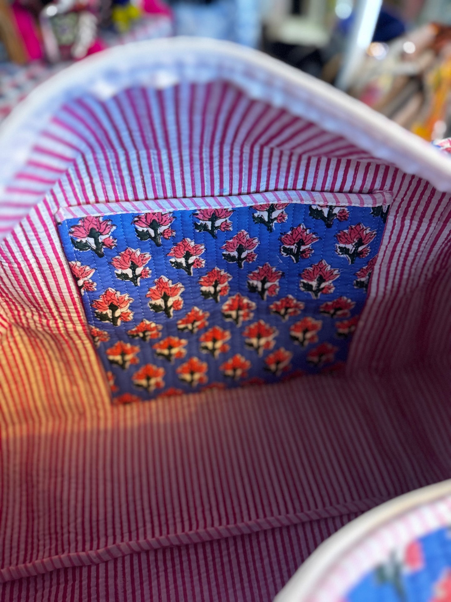 Blue Floral Quilted Duffel Bag – Handmade Block Print Weekender Cotton Travel Bag