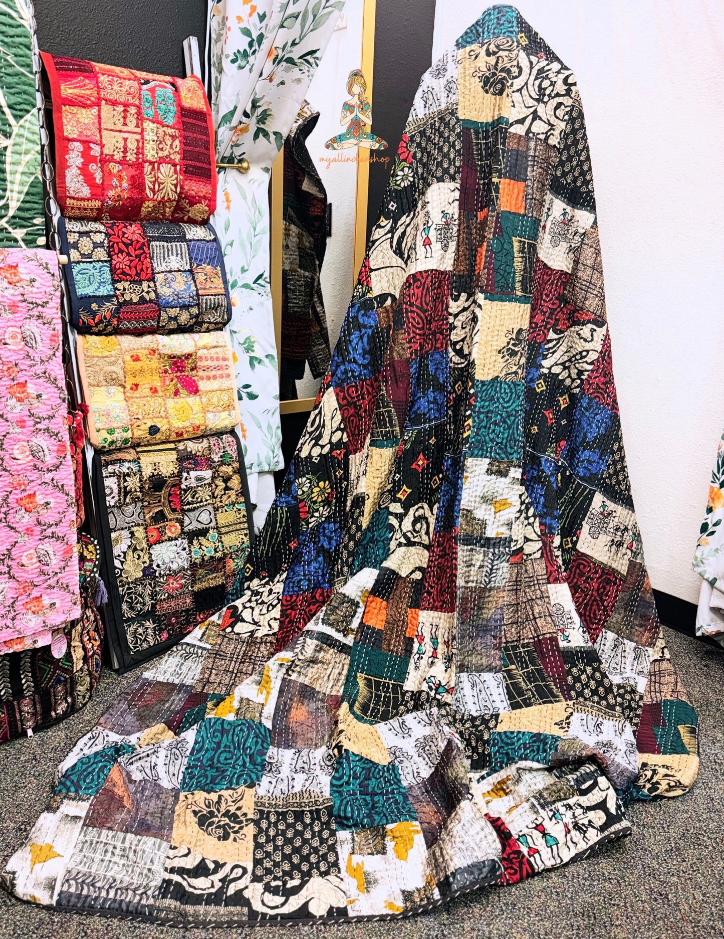 Silk Patchwork Kantha Quilt - Black Tribal - Handmade | Silk | Cotton | Queen | King