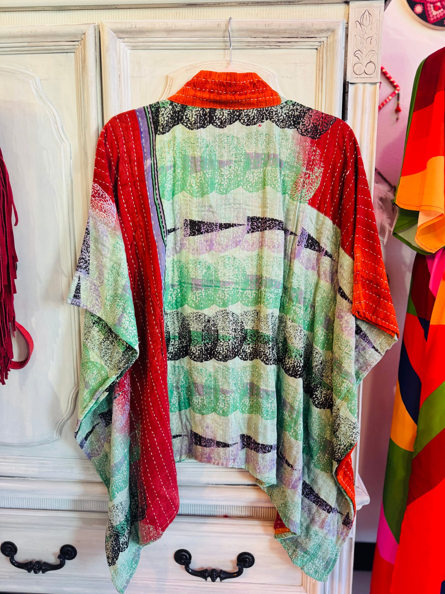 Handmade Kantha Poncho – Scarlet Meadow | Unisex | 100% Cotton Boho Top