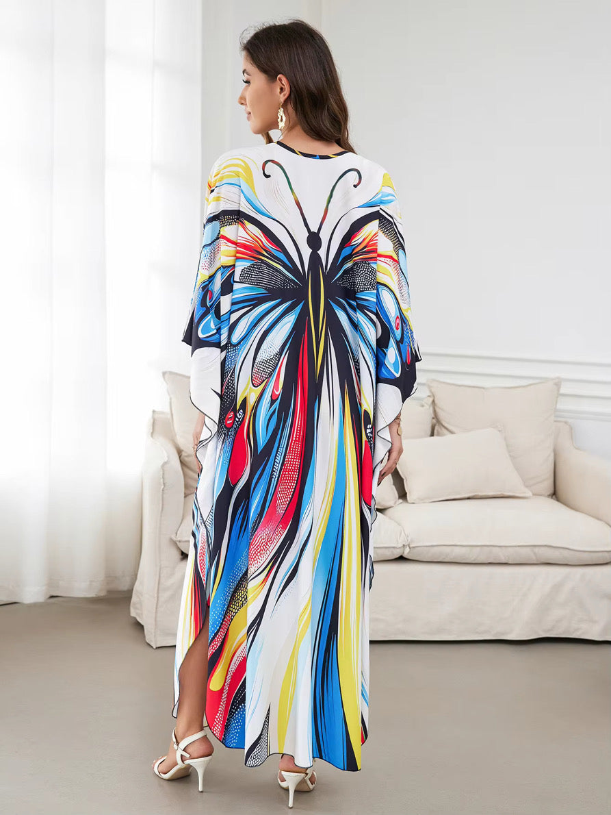 Butterfly Bloom Luxe Kaftan – Free Size, Artistic Butterfly Print