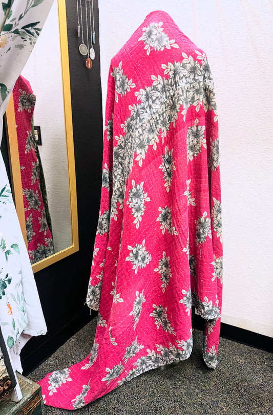 Pink Saree Kantha Quilt – Twin Size - Throw Blanket