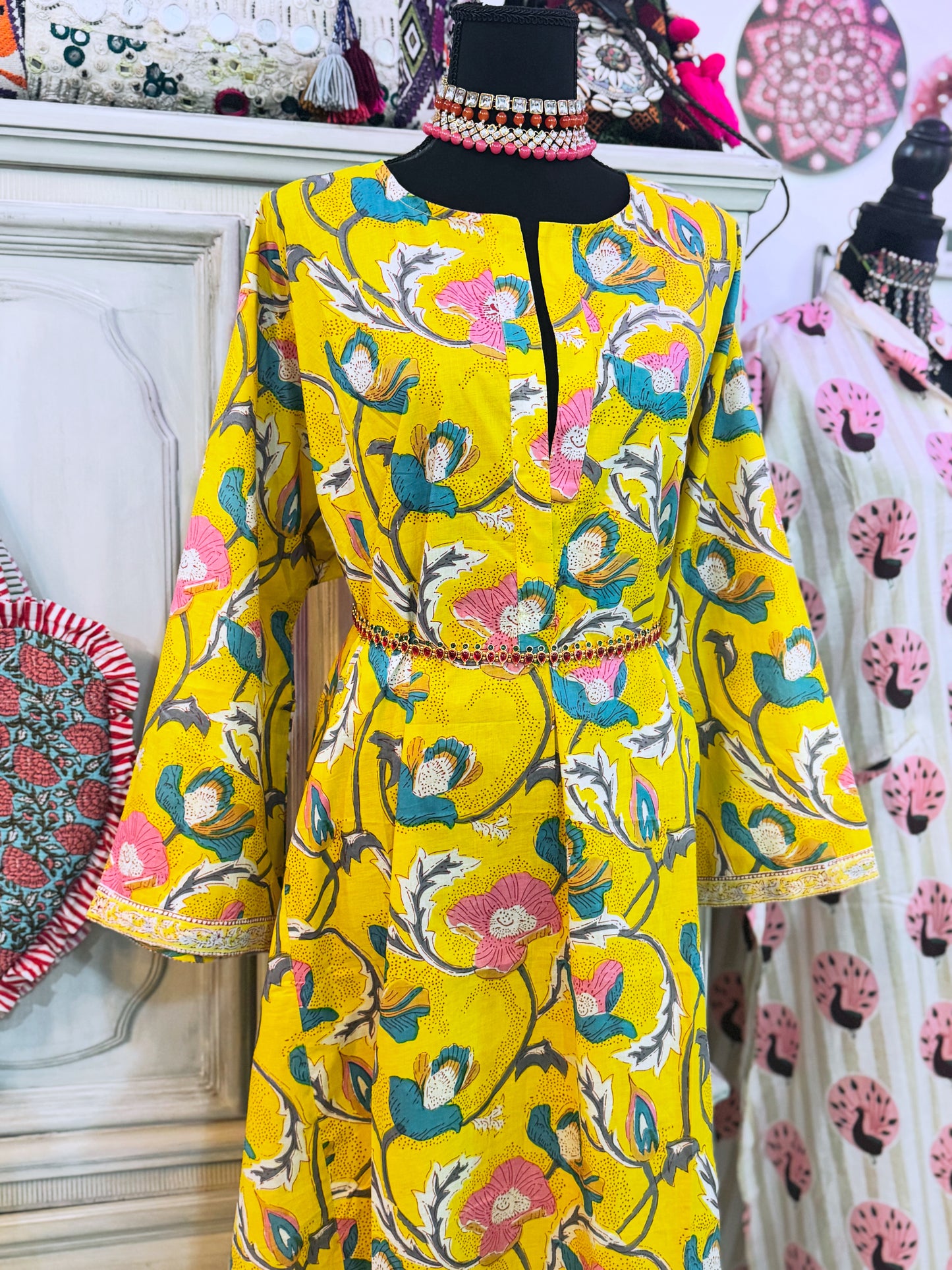 Golden Marigold Hand Block Print Cotton Maxi Dress – Women’s Long Sleeve Dress with Pockets