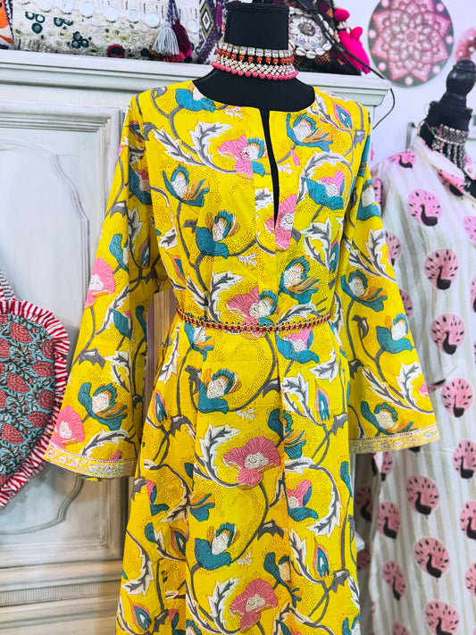 Golden Marigold Hand Block Print Cotton Maxi Dress – Women’s Long Sleeve Dress with Pockets