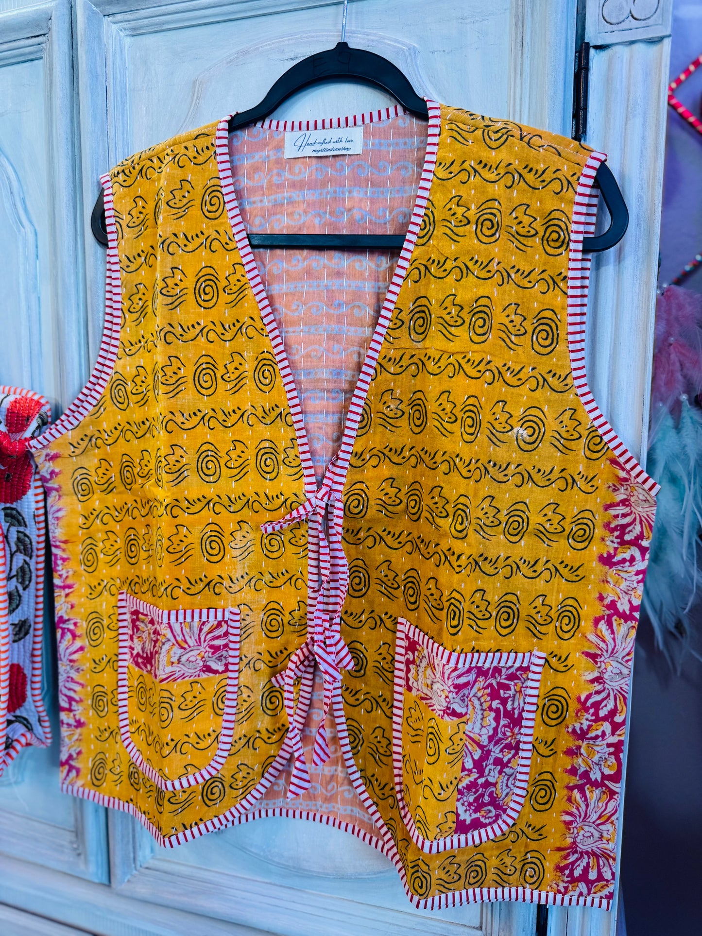 Handmade Reversible Kantha Vest – Amber | 100% Cotton Jacket