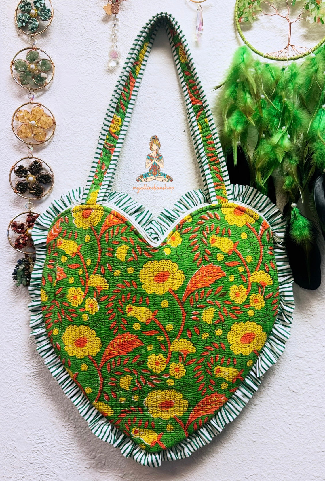 Heart-Shaped Quilted Tote Bag | Hand Block-Printed 100% Cotton | Handmade Zipper Tote