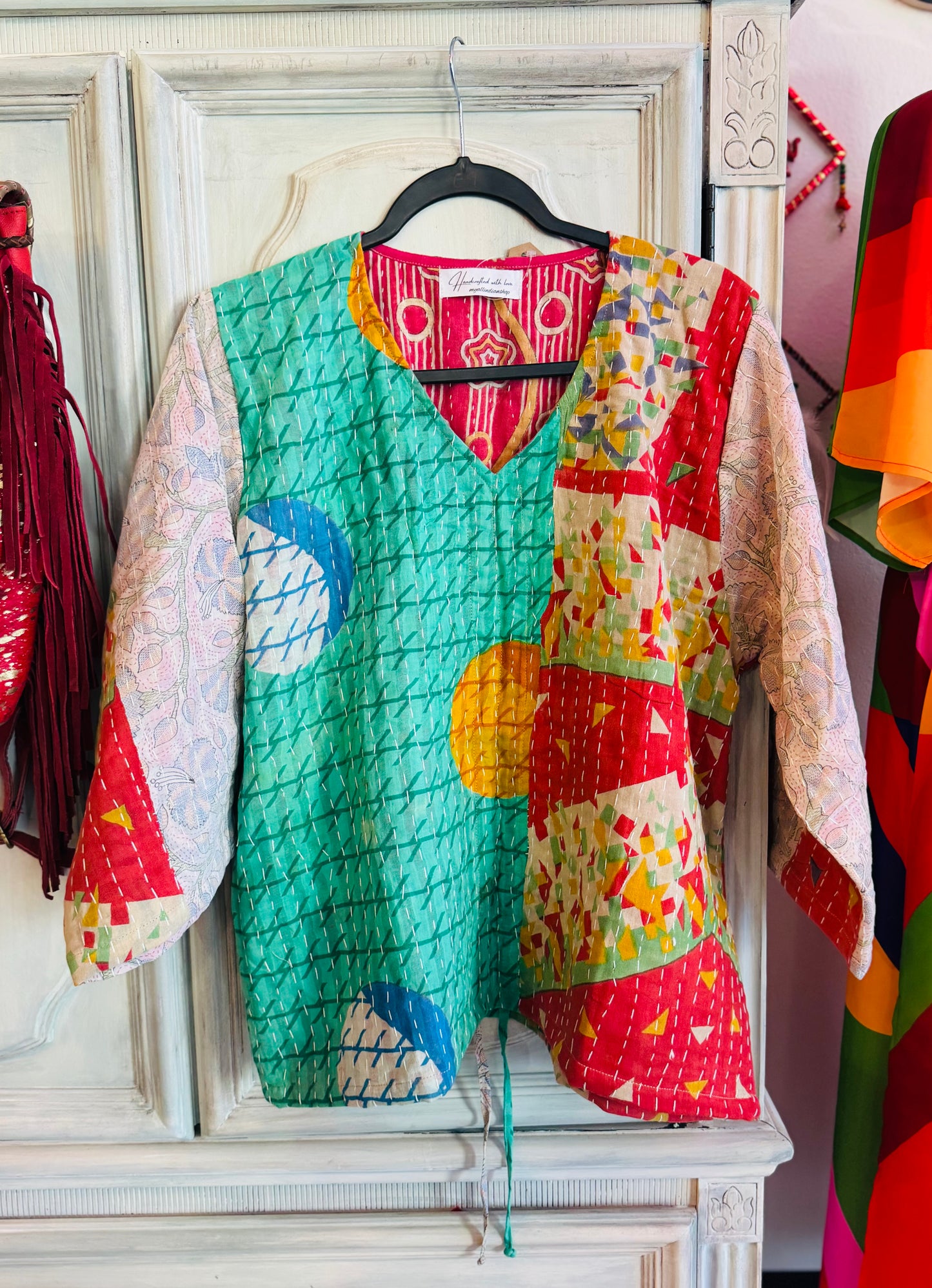 Ocean Patchwork Breeze Butterfly 2-Way Top – Handmade | 100% Cotton Boho Blouse