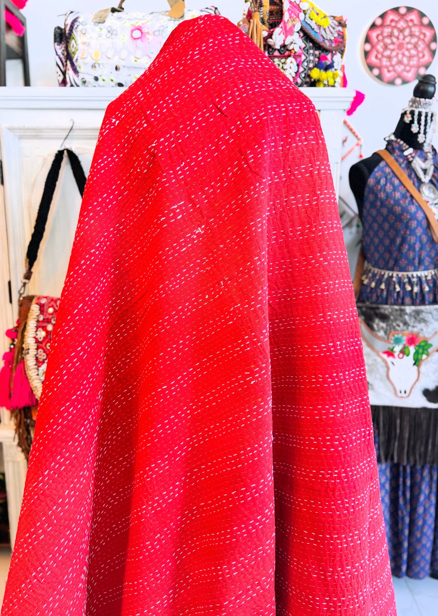 Red Patchwork Kantha Quilt | 100+ Patches | Solid Cotton Back | Queen Size 90x105 Handmade