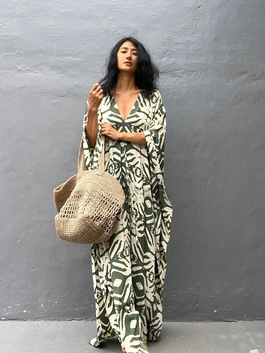 Sage Tribal Drawstring Kaftan – Adjustable Waist, Soft & Elegant