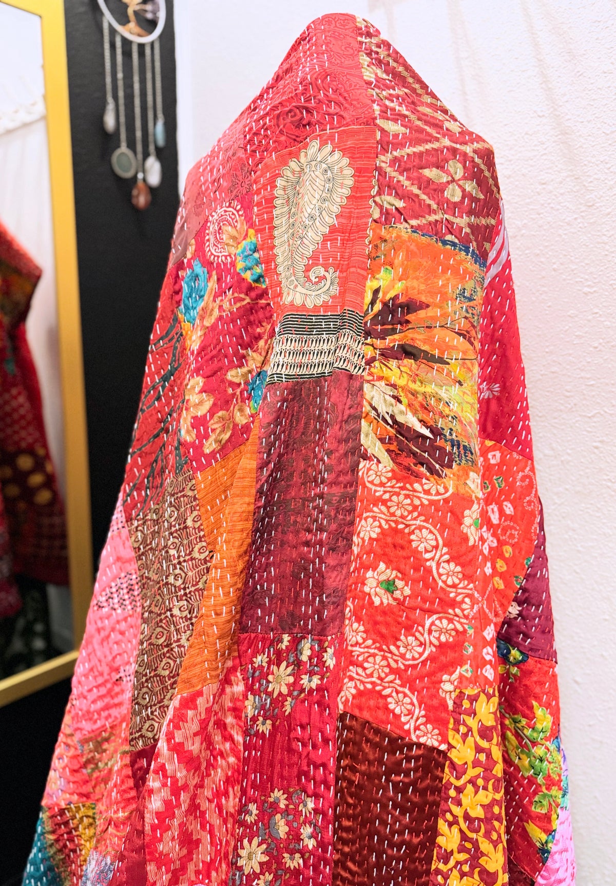 Silk Patchwork Kantha Quilt - Red- Handmade | Silk | Cotton | Queen | King