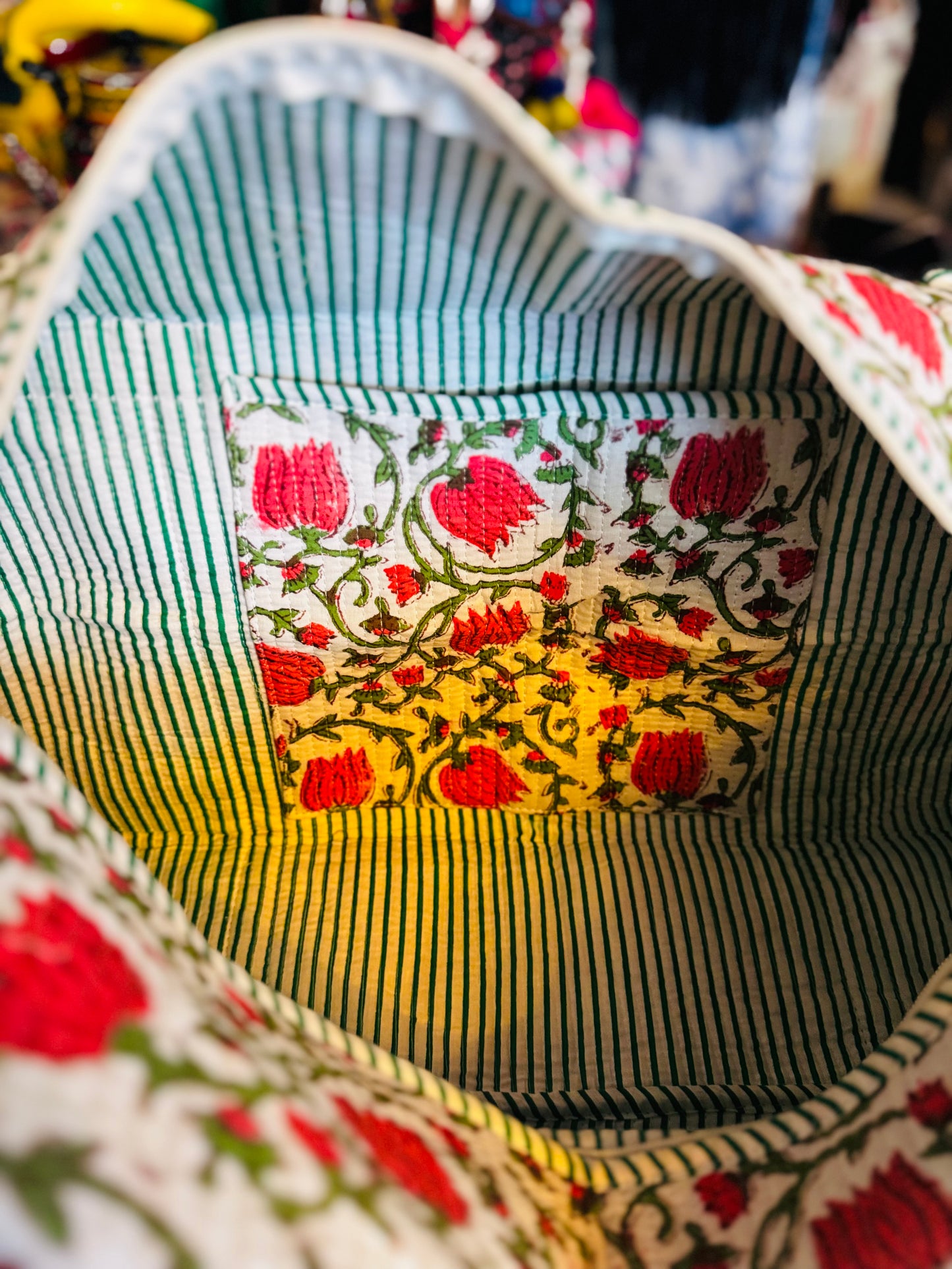 Rosette Bloom Weekender – Handmade Kantha Quilted Duffle | Floral Boho Travel Bag