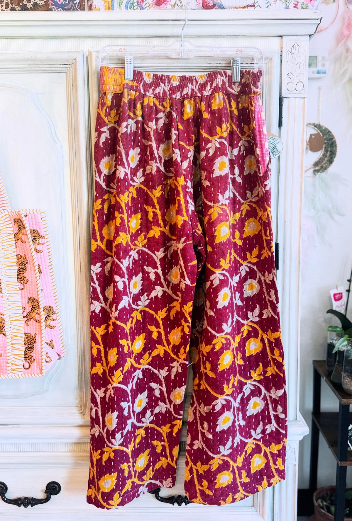Merlot Marigold – Handmade Kantha Cotton Pants | Wide Leg Boho Trousers | Pockets