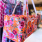 Pink Roses Quilted Duffel Bag – Handmade Floral Block Print Weekender Bag with Unicorn Lining