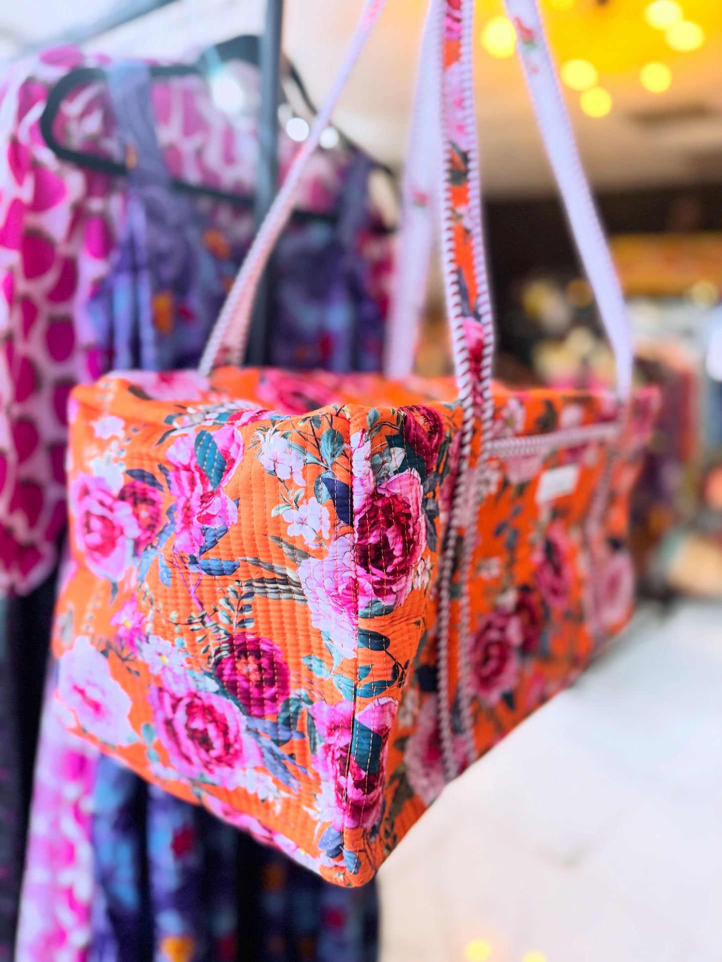 Pink Roses Quilted Duffel Bag – Handmade Floral Block Print Weekender Bag with Unicorn Lining