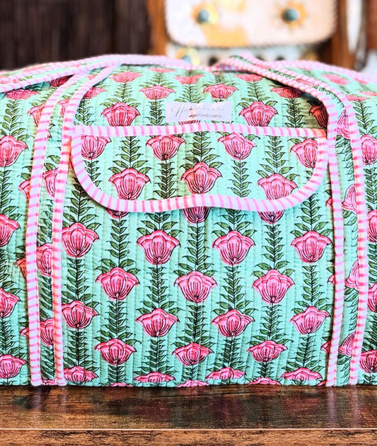 Handmade Quilted Weekender Bag – Pink Floral Block Print – Green