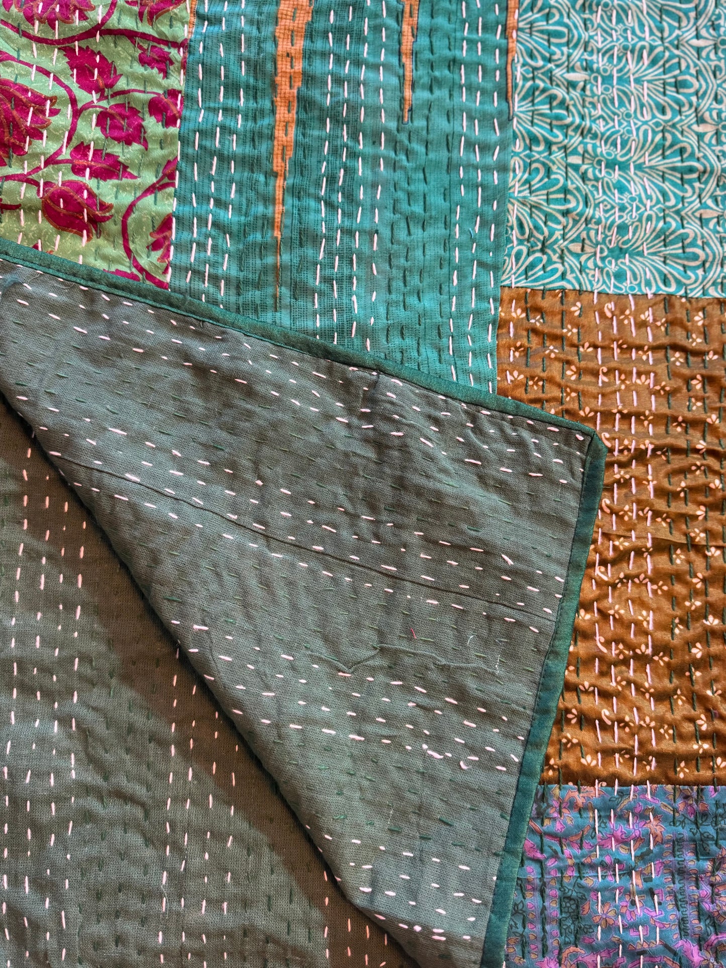 Silk Patchwork Kantha - Green-Queen/ King