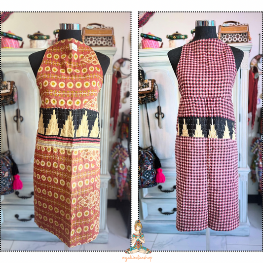 Hive & Orbit Kantha Apron - Reversible, Handmade, 100% Cotton, 6 Pockets