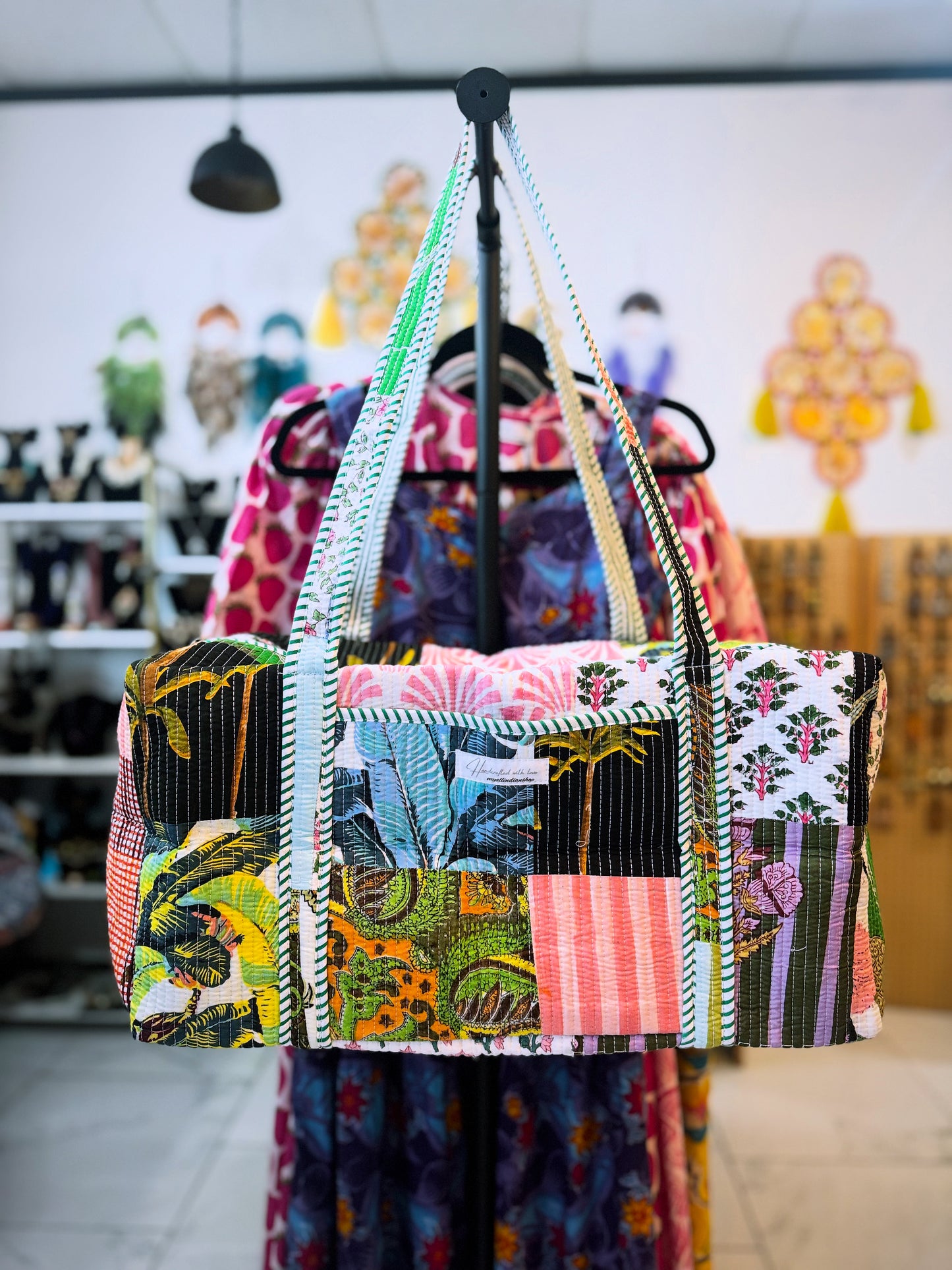 Tropical Palm Patchwork Quilted Duffel Bag – Handmade Botanical Block Print Cotton Weekender Bag