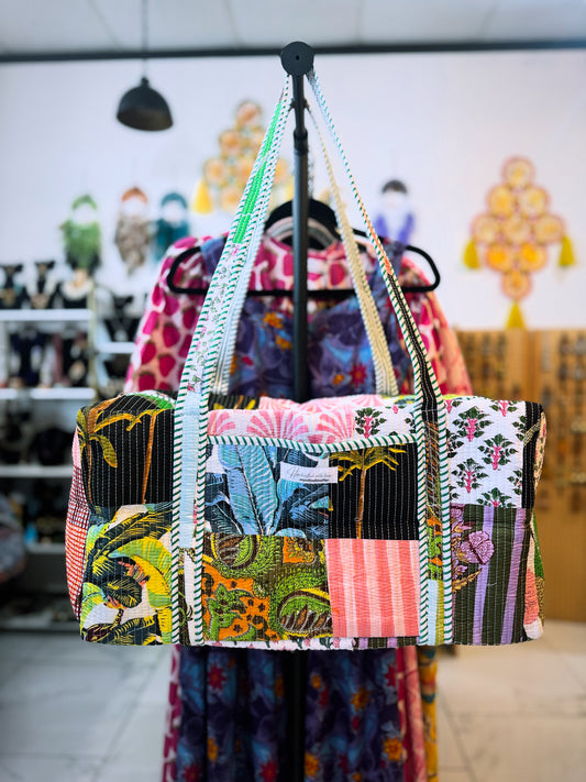 Tropical Palm Patchwork Quilted Duffel Bag – Handmade Botanical Block Print Cotton Weekender Bag