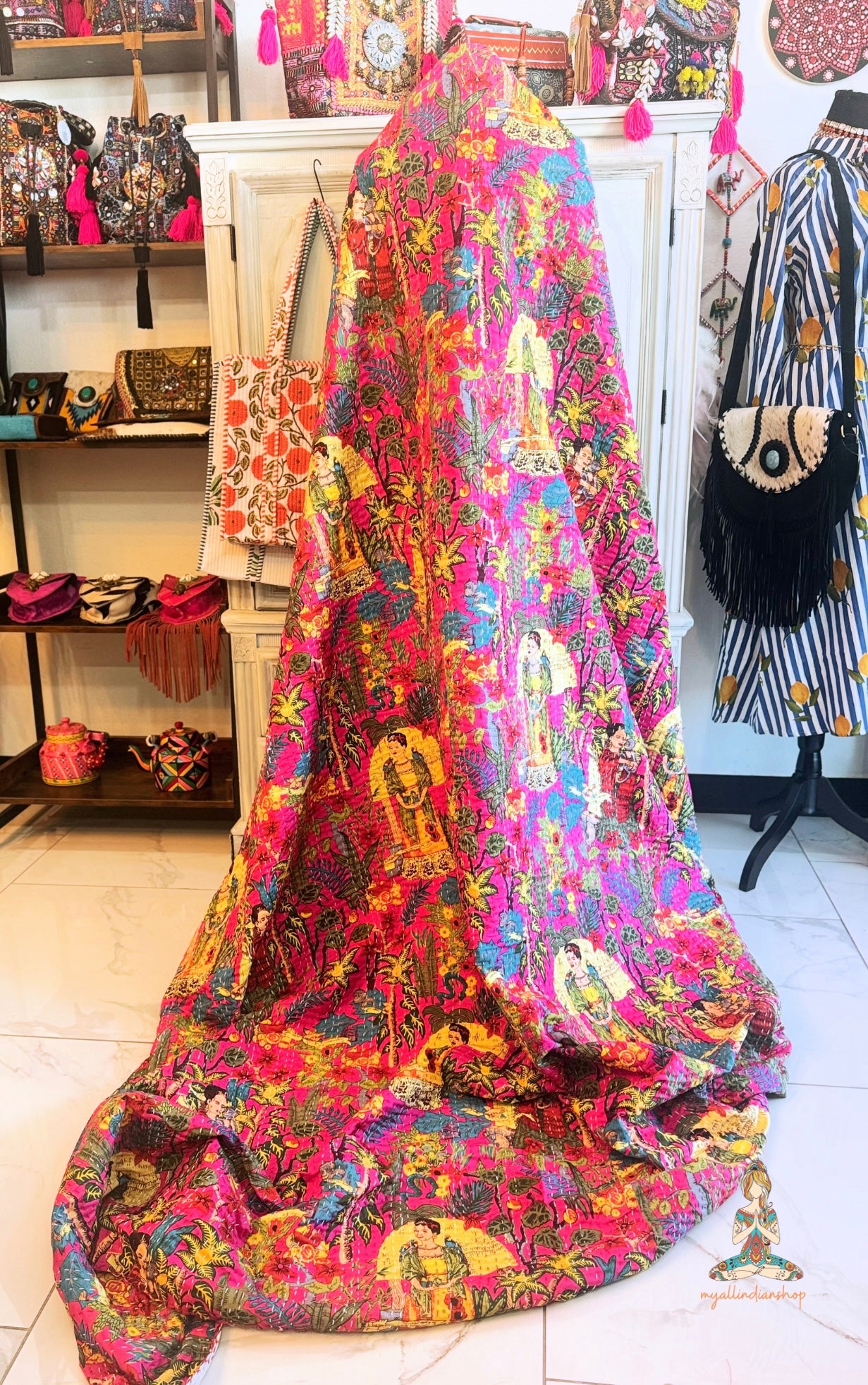 Frida in the Jungle - Hot Pink| Hand Block Printed Kantha Quilt | 100% Cotton | Handmade | 90x100”