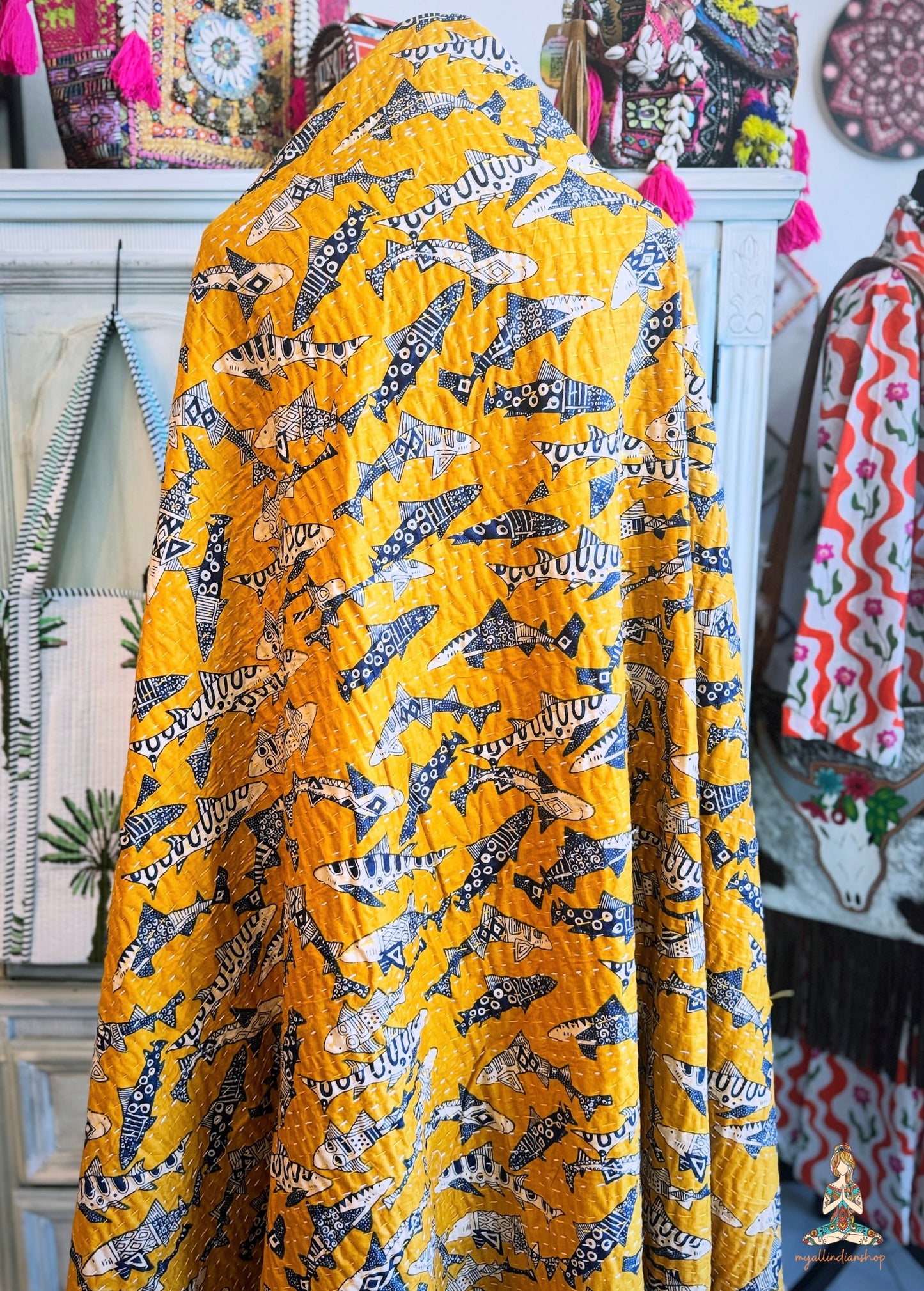 Mustard Yellow Shark Print Kantha Quilt | Cotton Lightweight Blanket | Throw/Twin Size