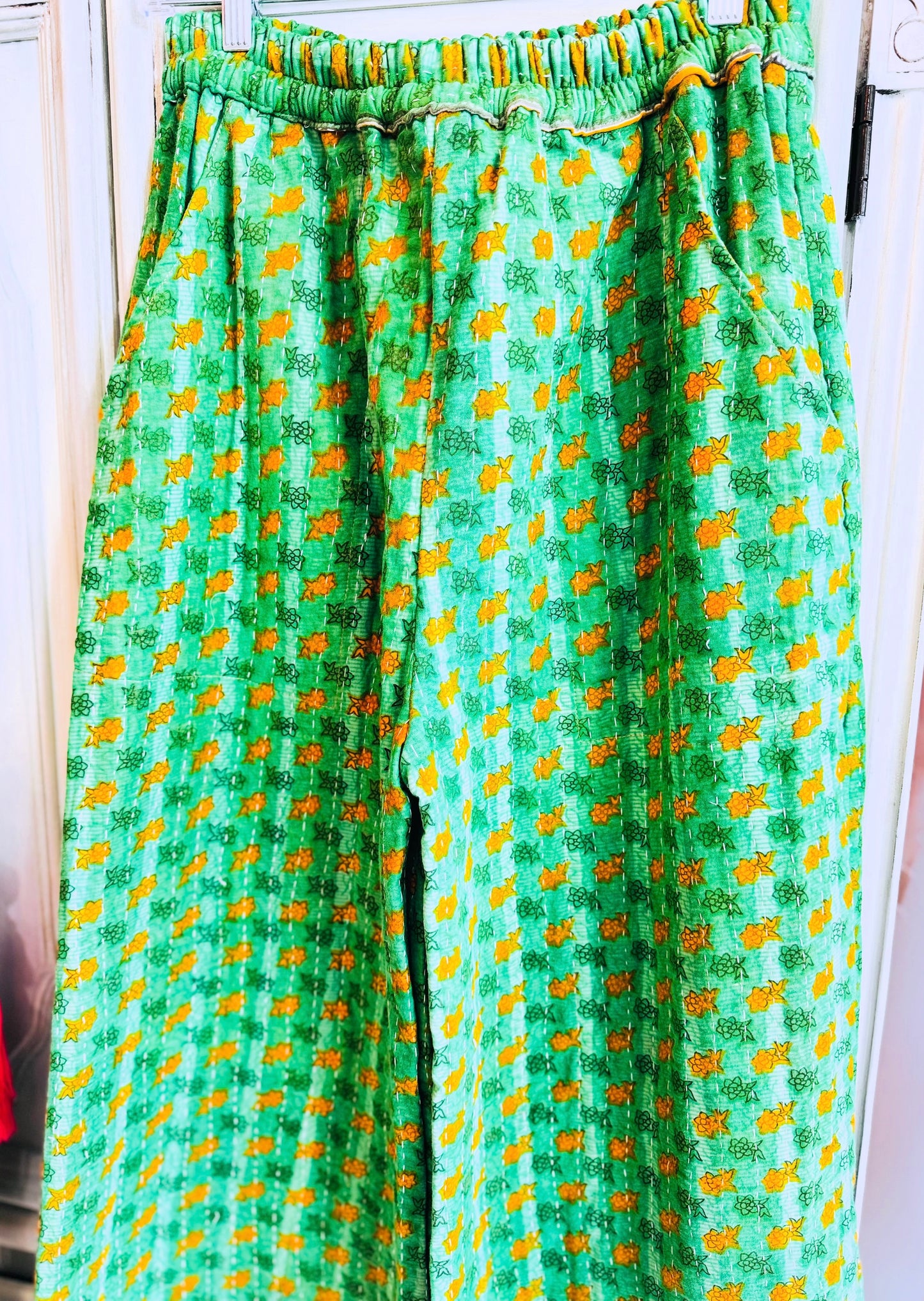 Meadow Whisper – Handmade Kantha Cotton Pants | Wide Leg Boho Trousers | Pockets