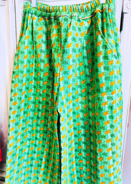 Meadow Whisper – Handmade Kantha Cotton Pants | Wide Leg Boho Trousers | Pockets