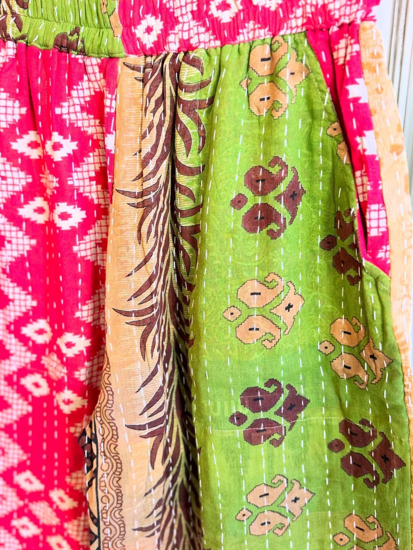 Pink & Olive Bloom – Handmade Kantha Cotton Pants | Wide Leg Boho Trousers