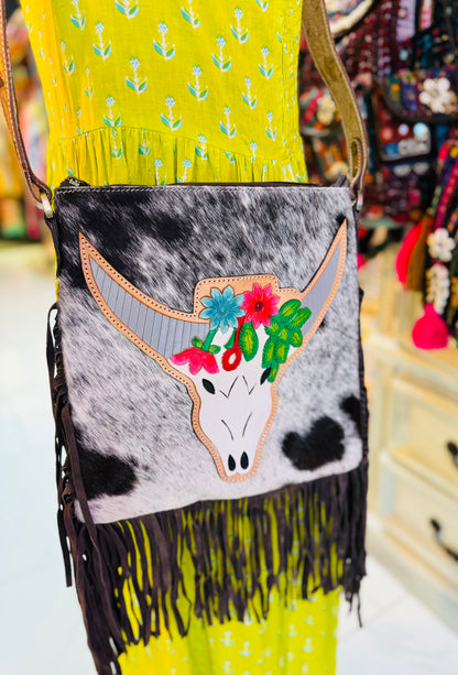 Western Cowhide Fringe Crossbody Bag – Desert Longhorn | Handmade Leather Boho Purse