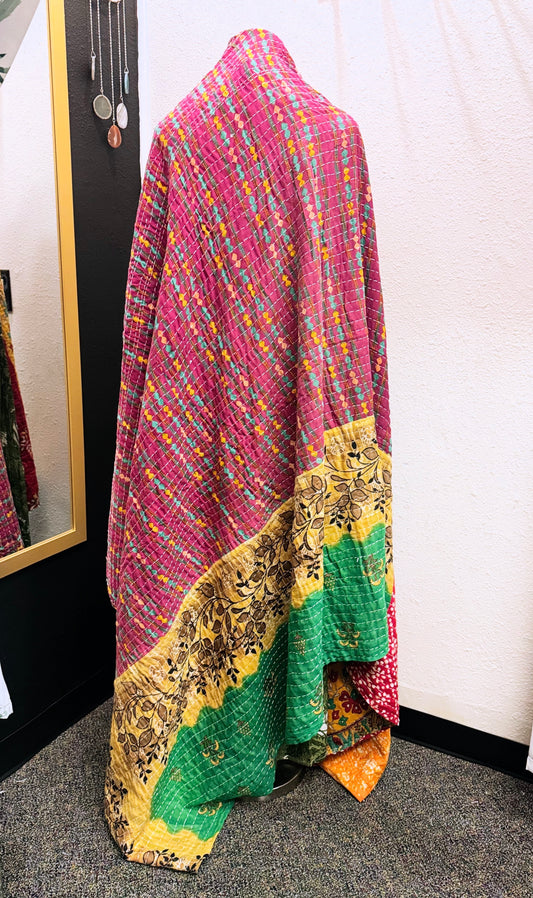 Purple Saree Kantha Quilt – Twin Size - Throw Blanket