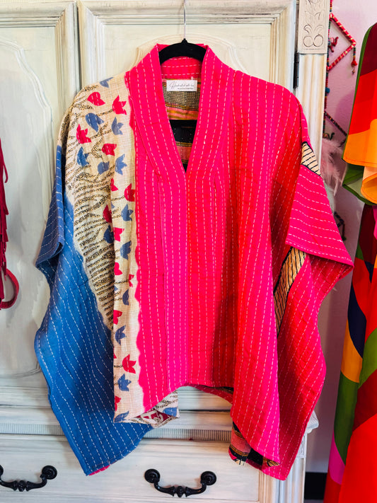 Handmade Kantha Poncho – Crimson Flight | Unisex | 100% Cotton Boho Top