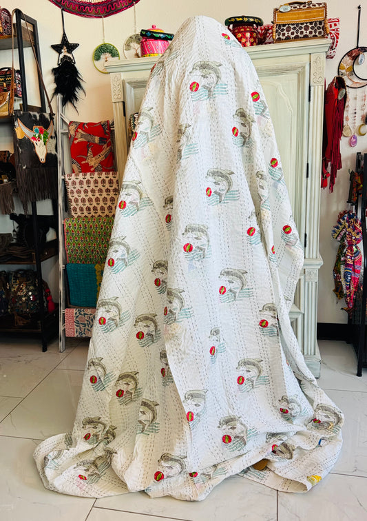 Dolphin Bay – Reversible Handmade Kantha Quilt | Collector’s Edition