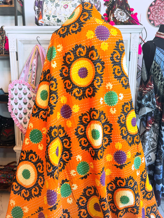 Sunburst Ember Kantha Quilt - 100% Cotton Handmade Blanket | Handblock Print Bedspread (84x106)
