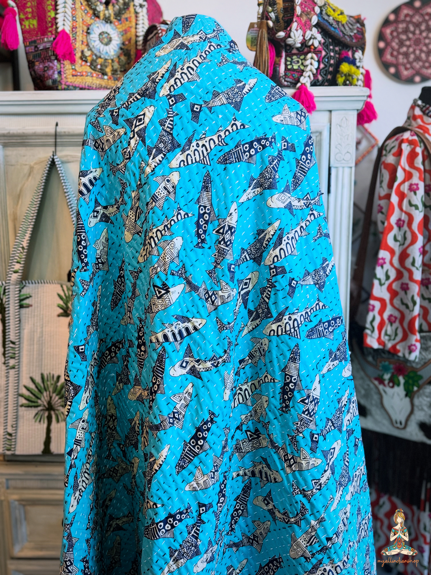 Turquoise Shark Print Kantha Quilt | Cotton Lightweight Blanket | Throw/Twin Size