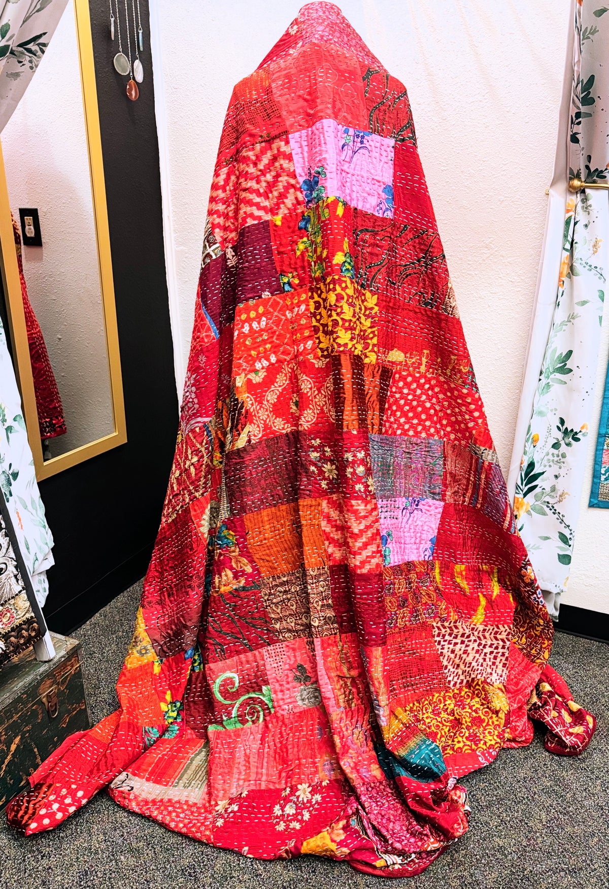 Silk Patchwork Kantha Quilt - Red- Handmade | Silk | Cotton | Queen | King