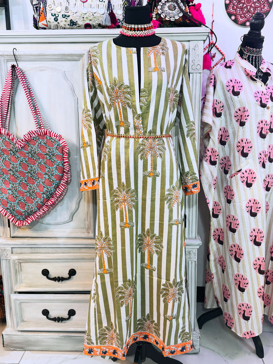 Palm Grove Olive Heritage Cotton Maxi Dress – Hand Block Printed Women’s Dress with Pockets