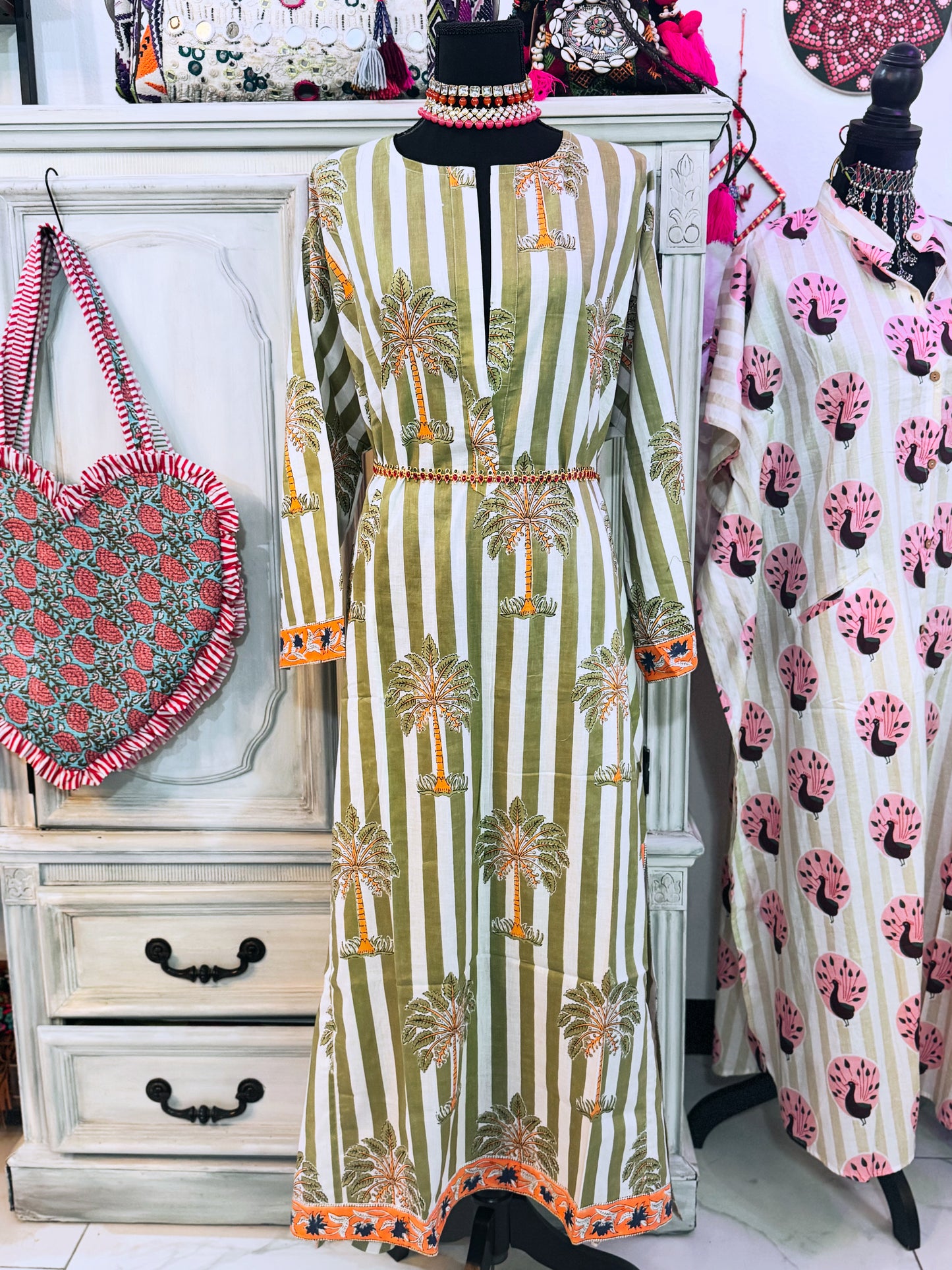 Palm Grove Olive Heritage Cotton Maxi Dress – Hand Block Printed Women’s Dress with Pockets