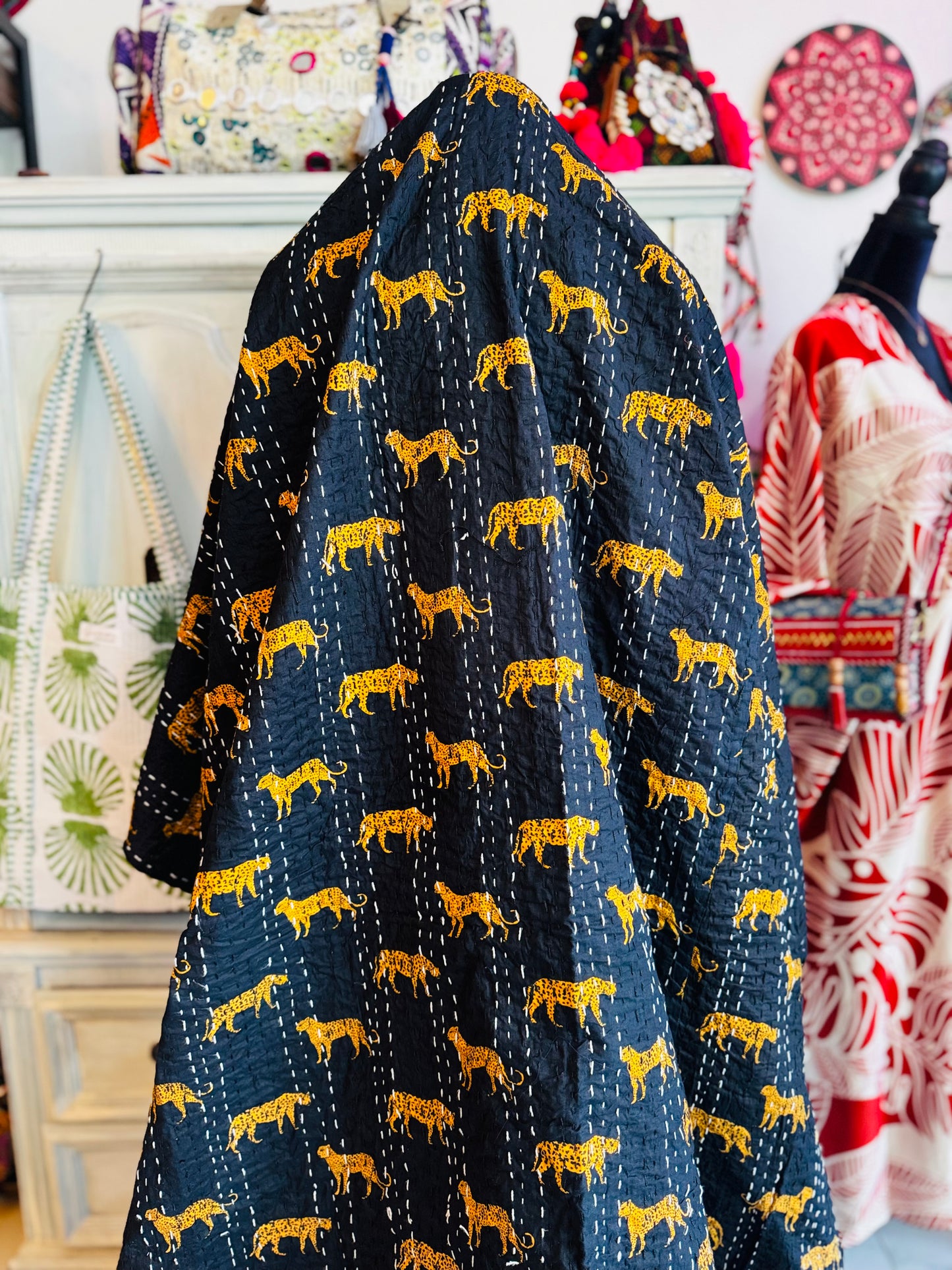 Golden Prowl – Black Cheetah Handblock Printed Kantha Quilt | 100% Cotton | Handmade