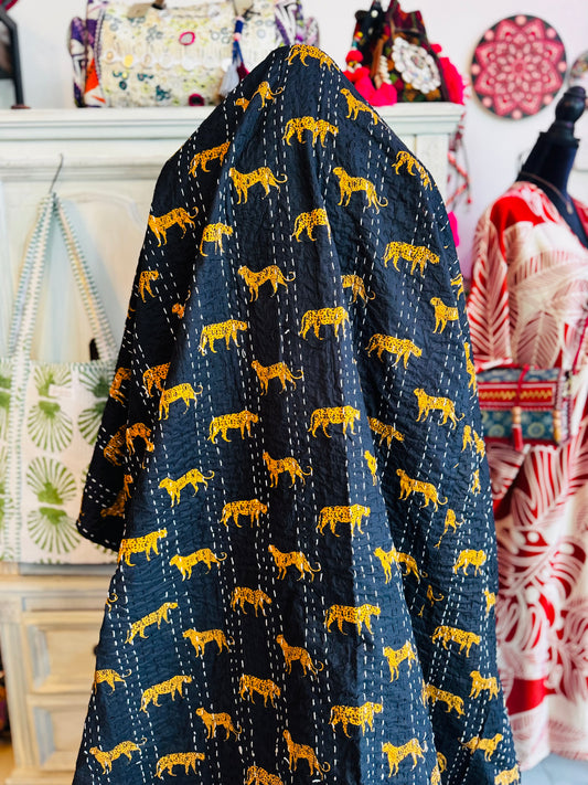 Golden Prowl – Black Cheetah Handblock Printed Kantha Quilt | 100% Cotton | Handmade