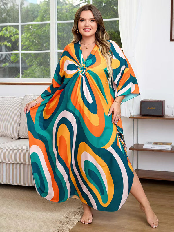 Retro Waves Color Kaftan – Free Size, Vibrant Print