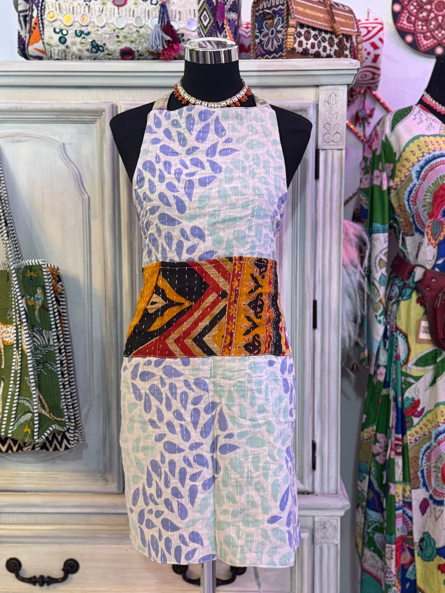 Ocean Drift Cotton Kantha Apron | Handmade | Reversible | 6 Pockets