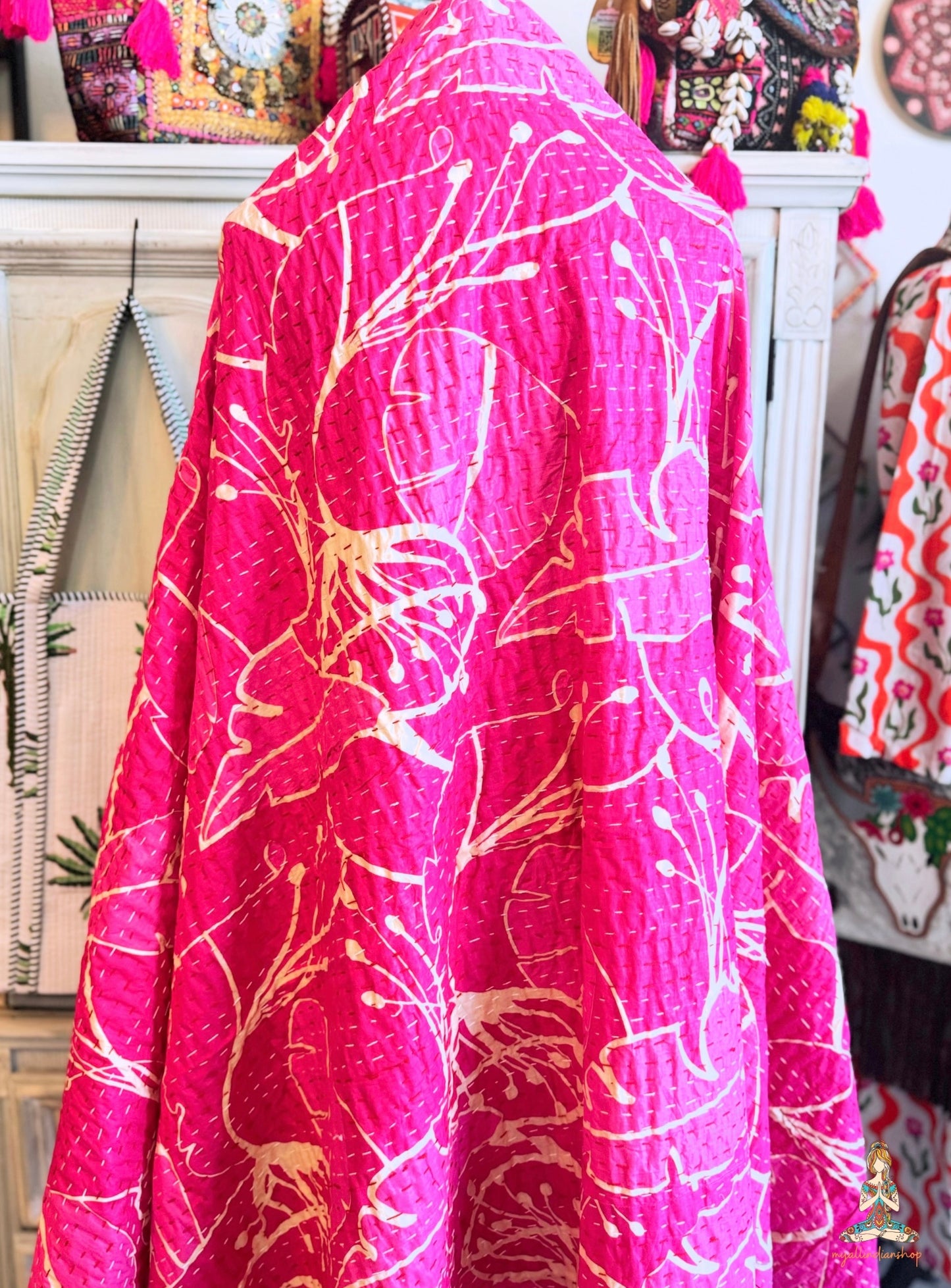 Hot Pink Kantha Quilt | Botanical Block Print Throw | Twin Size