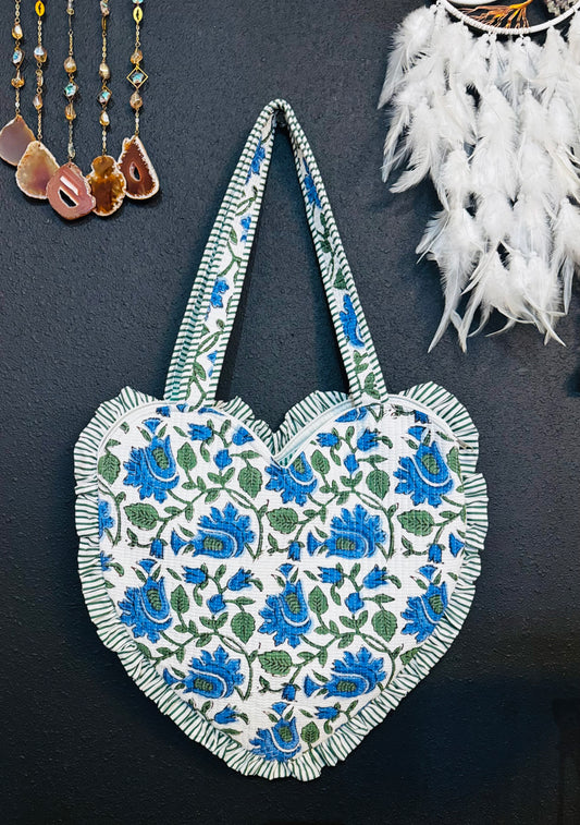 Heart-Shaped Quilted Tote Bag | Hand Block-Printed 100% Cotton | Handmade Zipper Tote