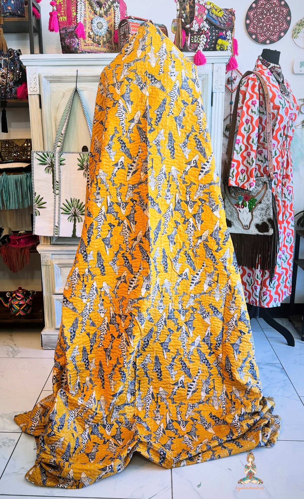 Mustard Yellow Shark Print Kantha Quilt | Cotton Lightweight Blanket | Throw/Twin Size