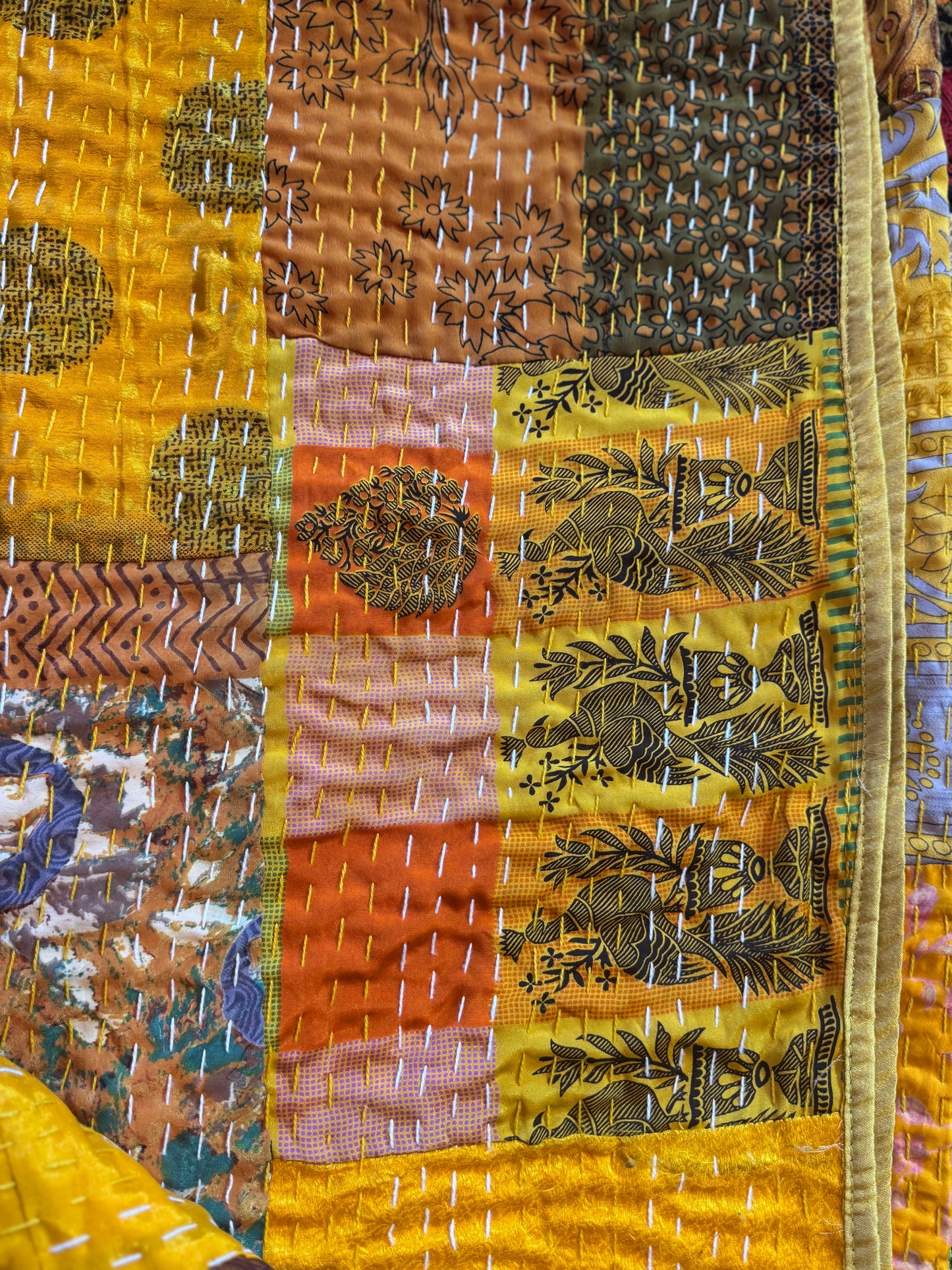 Silk Patchwork Kantha - Yellow- Queen/ King