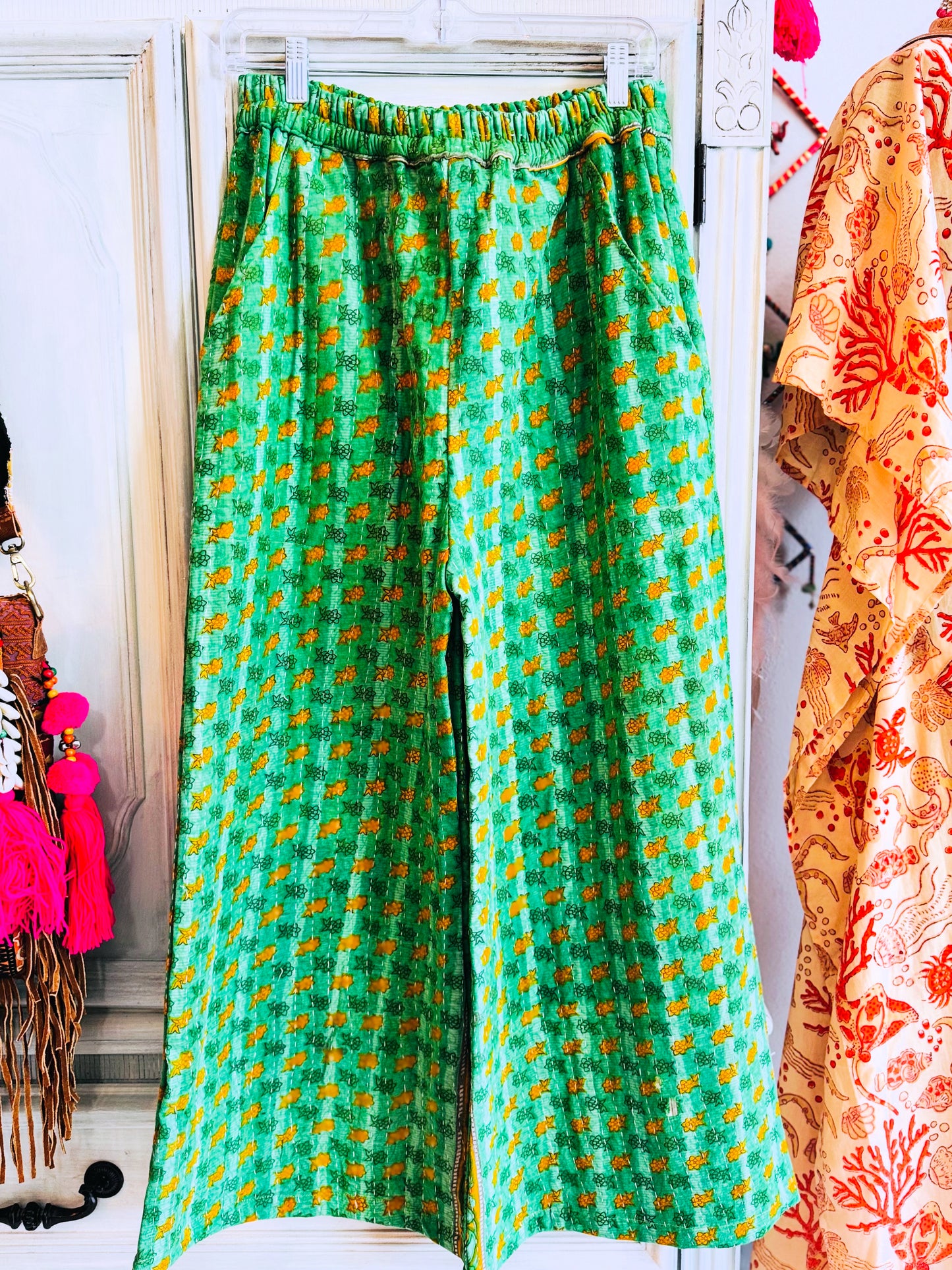 Meadow Whisper – Handmade Kantha Cotton Pants | Wide Leg Boho Trousers | Pockets