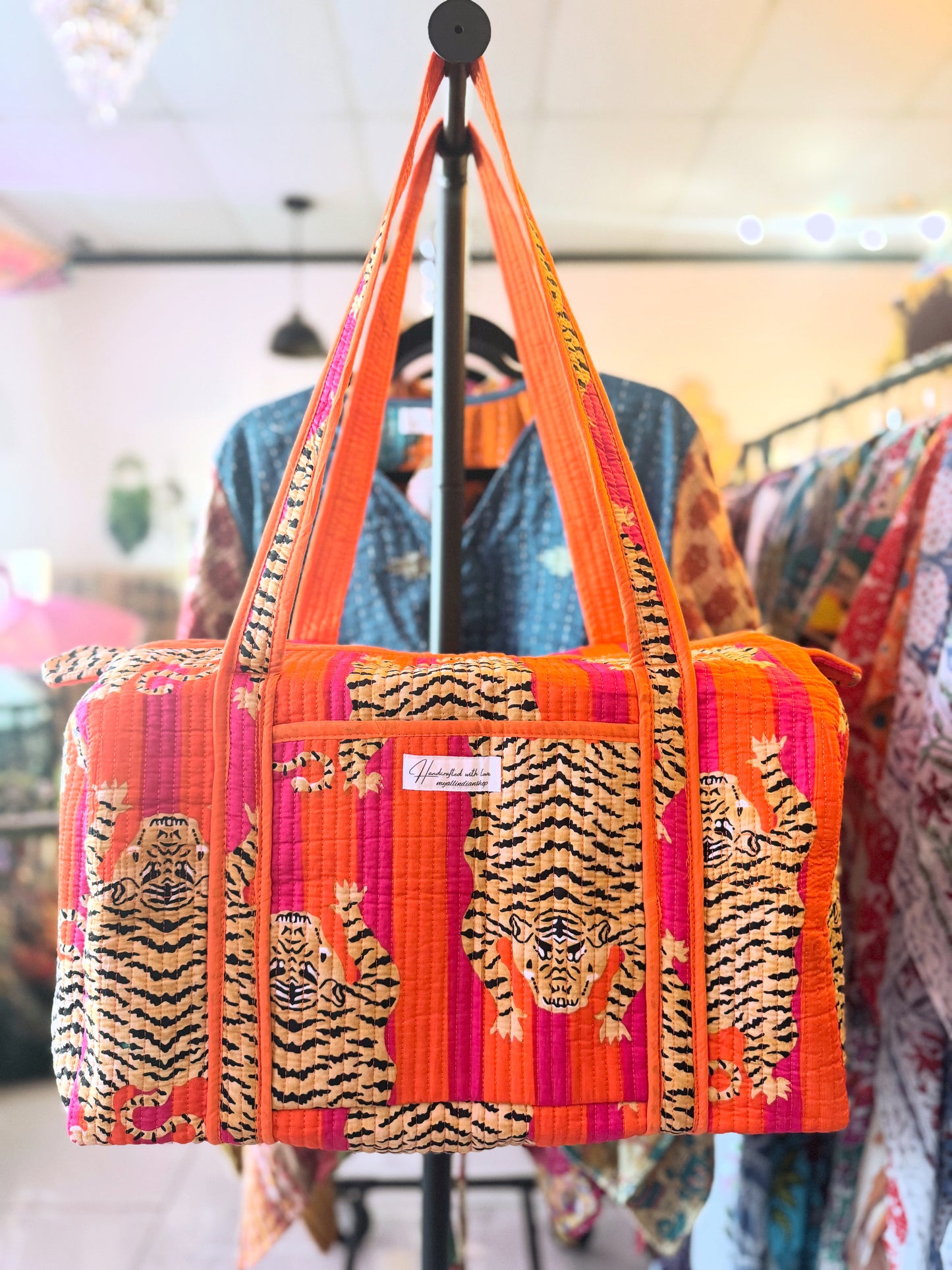 Safari Stripe Weekender – Handmade Quilted Cotton Duffle | Tiger Print Travel Bag