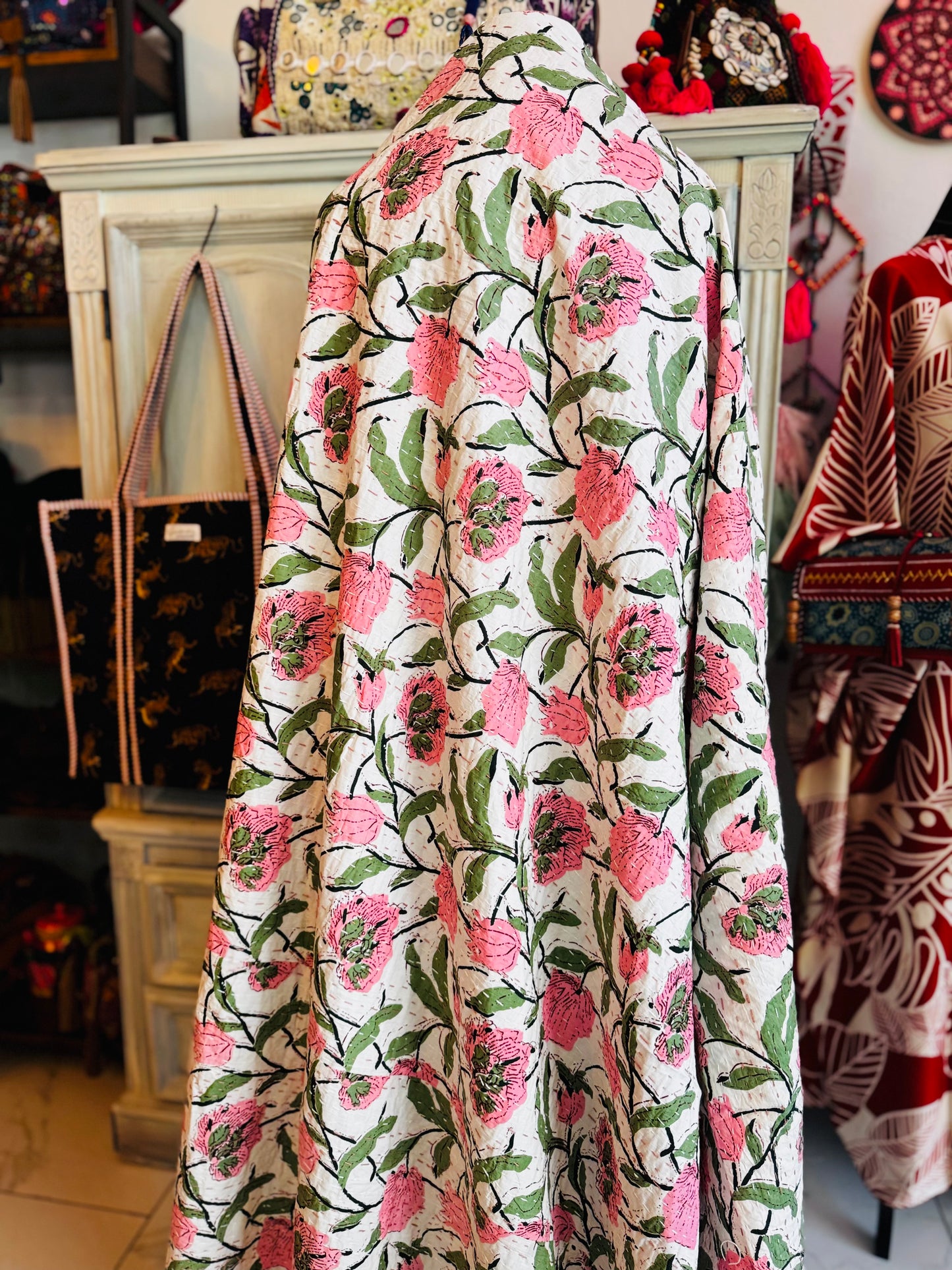 Blush Meadow – Pink Floral Handblock Printed Kantha Quilt | 100% Cotton | Handmade